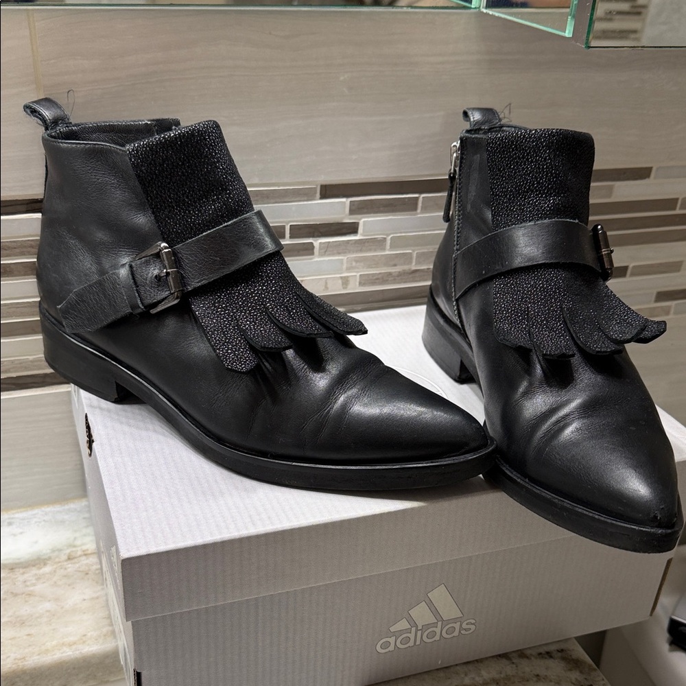 Alberto ago Milan Black Leather Fringe Boots bootie women size 38,5